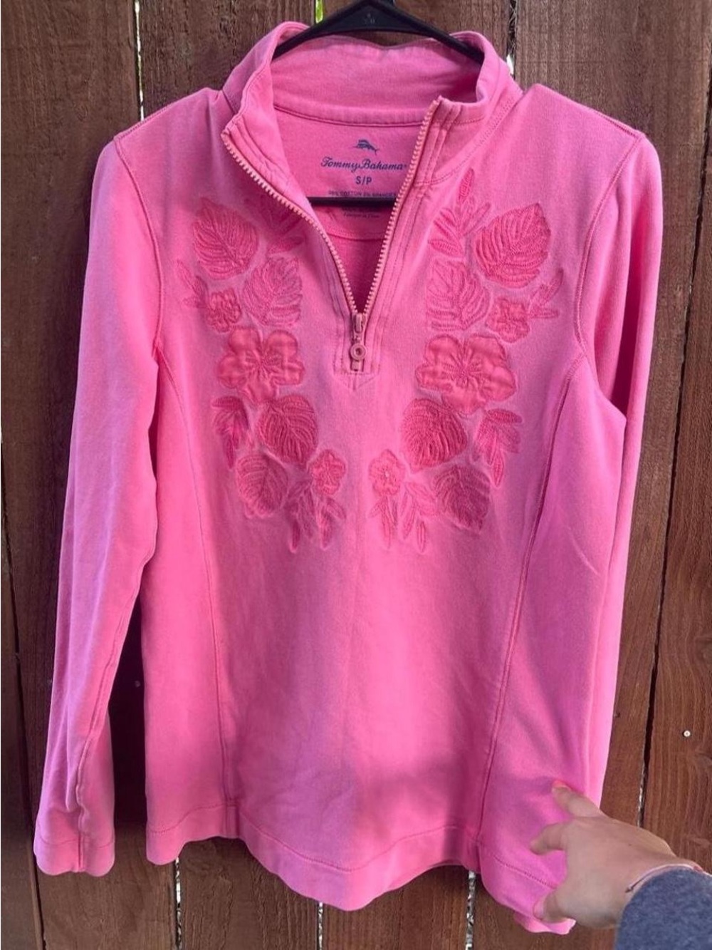 Tommy Bahama Pink 1/4 Zip Sweatshirt Floral Sequin Embroidered Detail, Cotton Sm